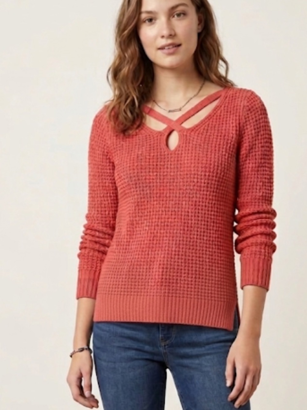 Aeropostale Coral-Red Cut Out Knit Sweater